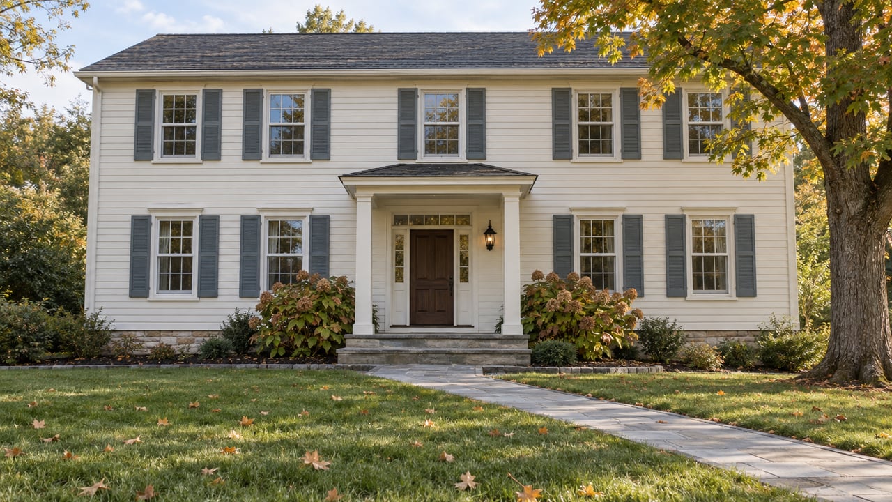 Ivory clapboard home with divided-light windows, a covered stone entry, and a broad lawn beneath an amber-leaved maple.