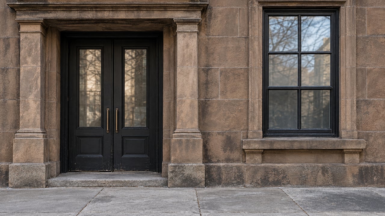 Weathered sandstone residential entrance with paired black glazed doors, a divided-pane window, and a broad stone sidewalk.