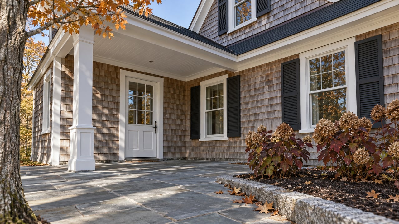 Midday sunlight on a cedar-shingled home's covered entry and bluestone terrace, with amber maple leaves and burgundy oakleaf hydrangeas.