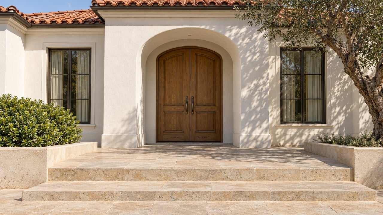 White stucco home entry with paired oak doors, terracotta roof tiles, limestone steps, and a mature olive tree.