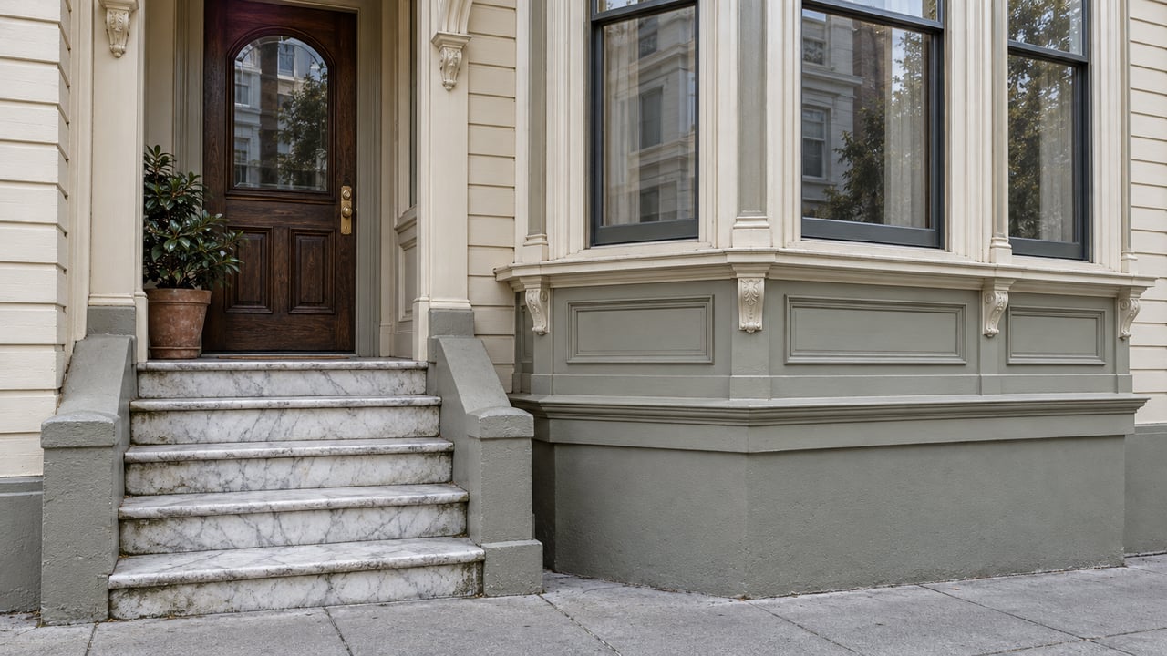 Ivory and gray-green historic home entrance with a glazed oak door, worn marble steps and a potted camellia beside the bay window.