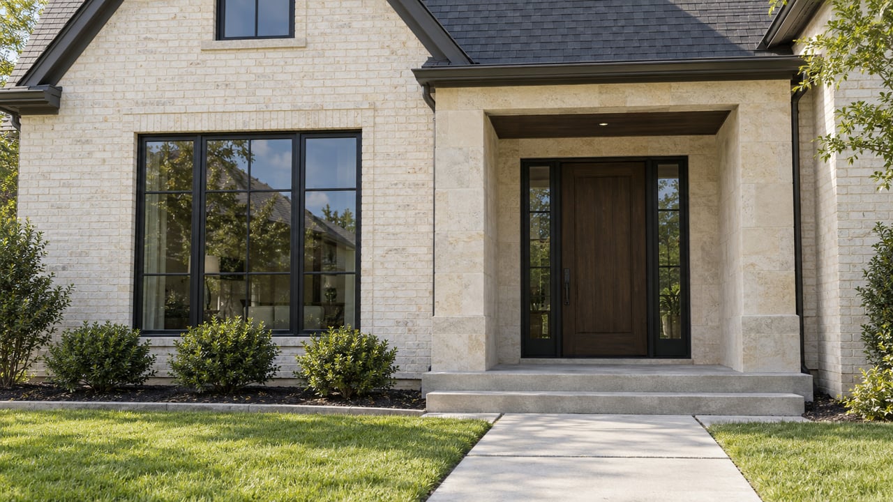 Pale brick and limestone home with a dark wood entrance, black-framed windows and a concrete approach bordered by lawn and three rounded shrubs.