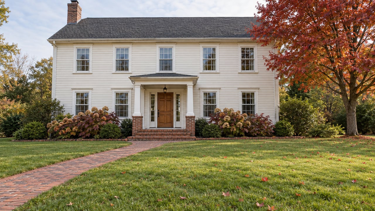 Ivory clapboard home with a brick front walk, oak entry door, broad lawn, and a red maple in autumn color.