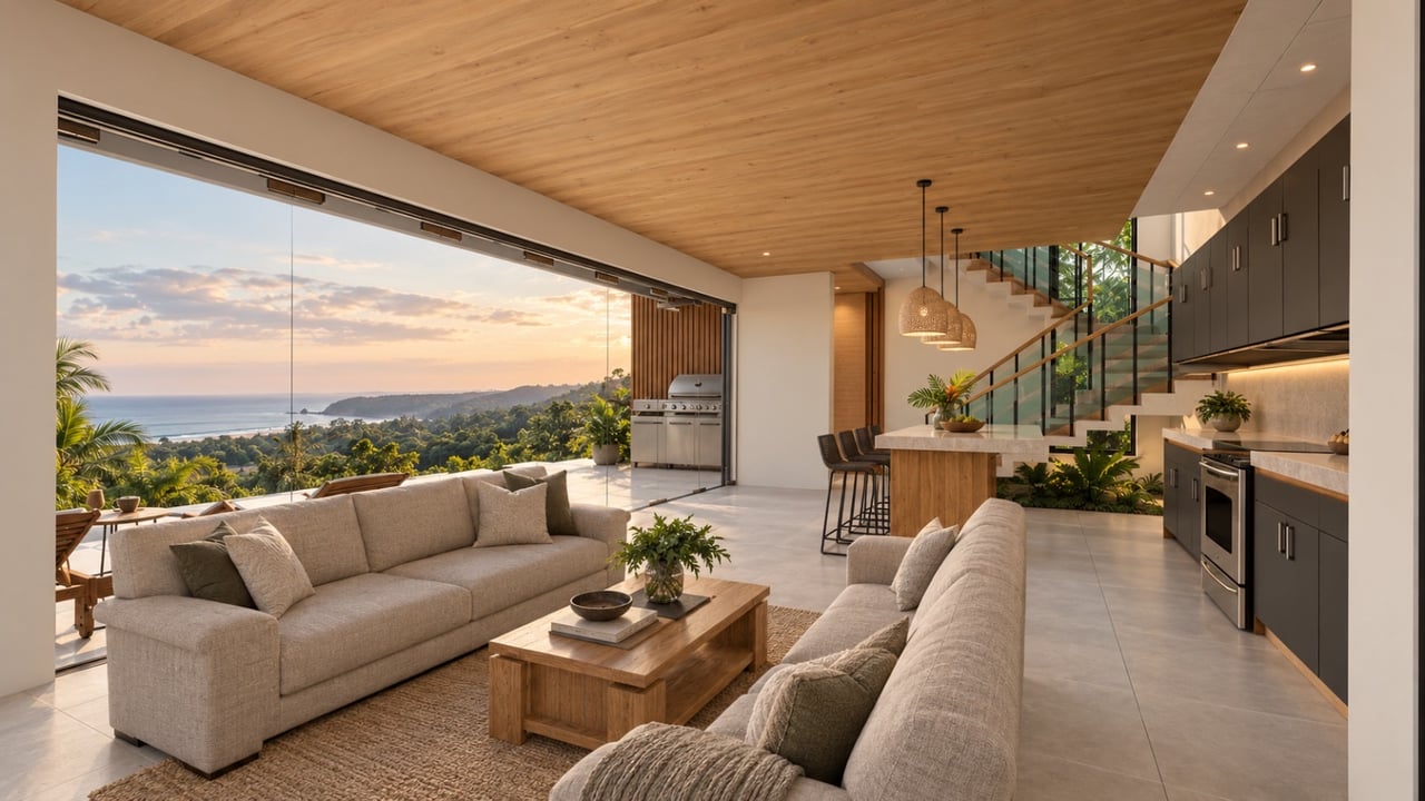 Open-plan living room and kitchen with a wood ceiling, floating staircase, and ocean views.