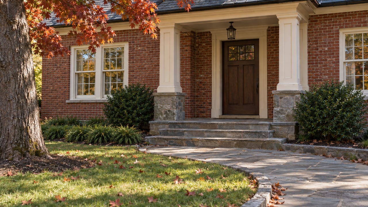 Brick house entry with ivory porch columns, bluestone steps, curved stone-edged approach, and a mature oak.