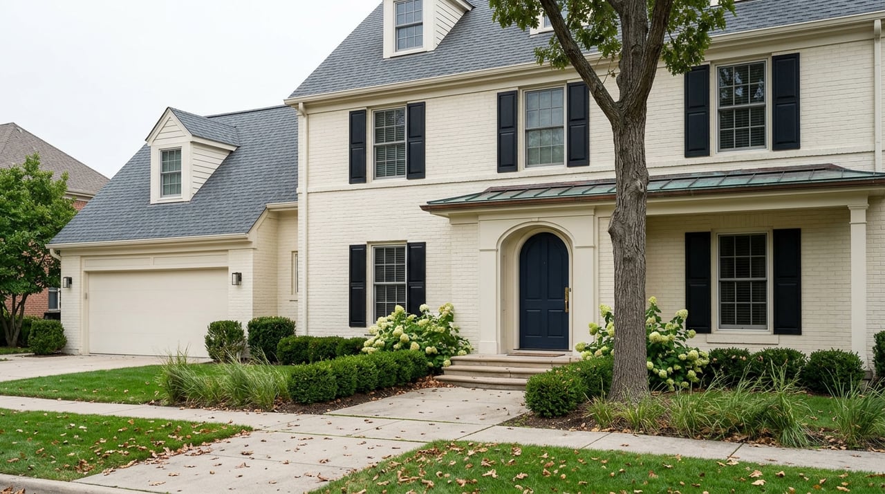 Ivory brick colonial with navy arched door, boxwood-lined walk, and mature oak in the front lawn.