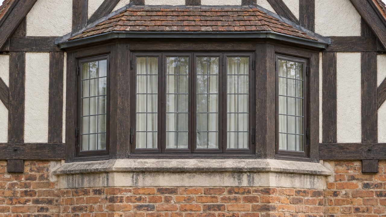 Close exterior view of a leaded-glass window bay framed by dark timber, ivory roughcast plaster, limestone, and weathered brick.