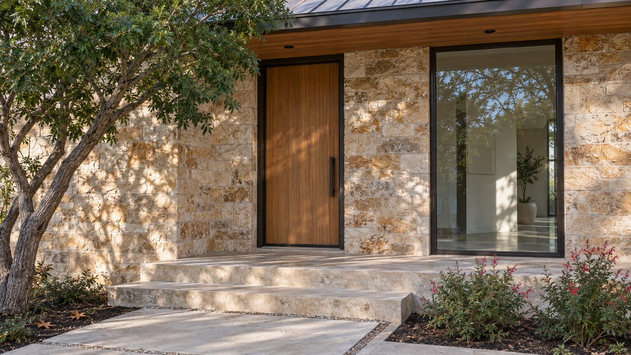A warm wood entry door and tall bronze-framed window beneath a shallow roof, with limestone steps and carefully placed flowering plants.