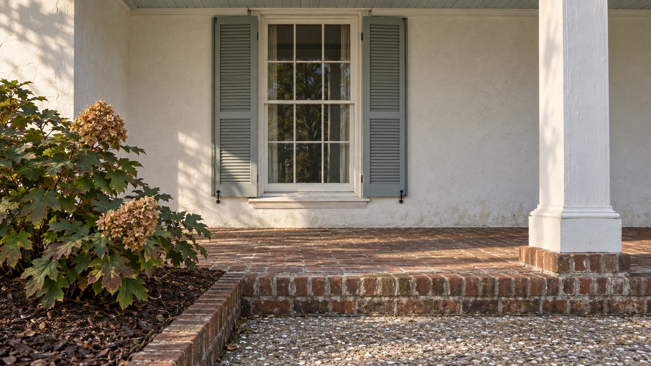 Morning light on a white stucco porch with paired blue-gray shutters, worn brick paving and a bronzing oakleaf hydrangea.
