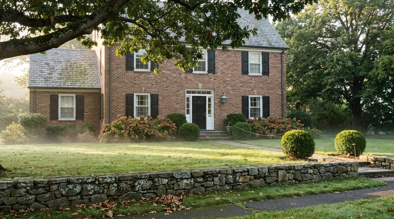 Brick Colonial house beyond a dew-covered lawn, framed by mature oaks and a low fieldstone wall.
