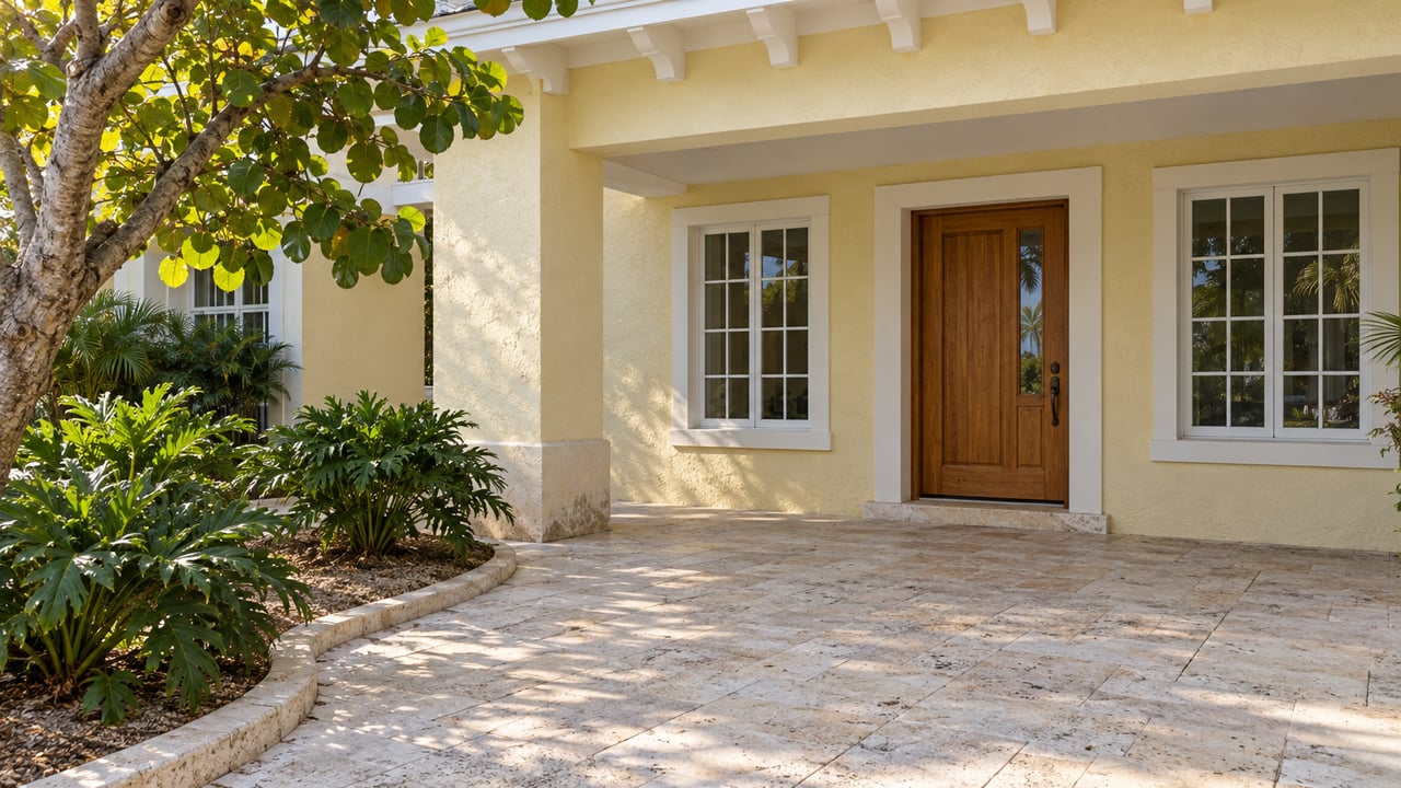 A pale-yellow stucco home's shaded entrance overlooks cream limestone paving and a curved bed with a sea grape tree.