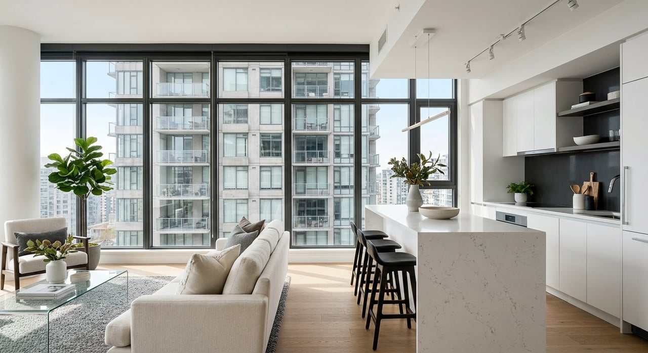 Condo kitchen and living area with quartz island, sofa, and neighboring towers through tall windows.