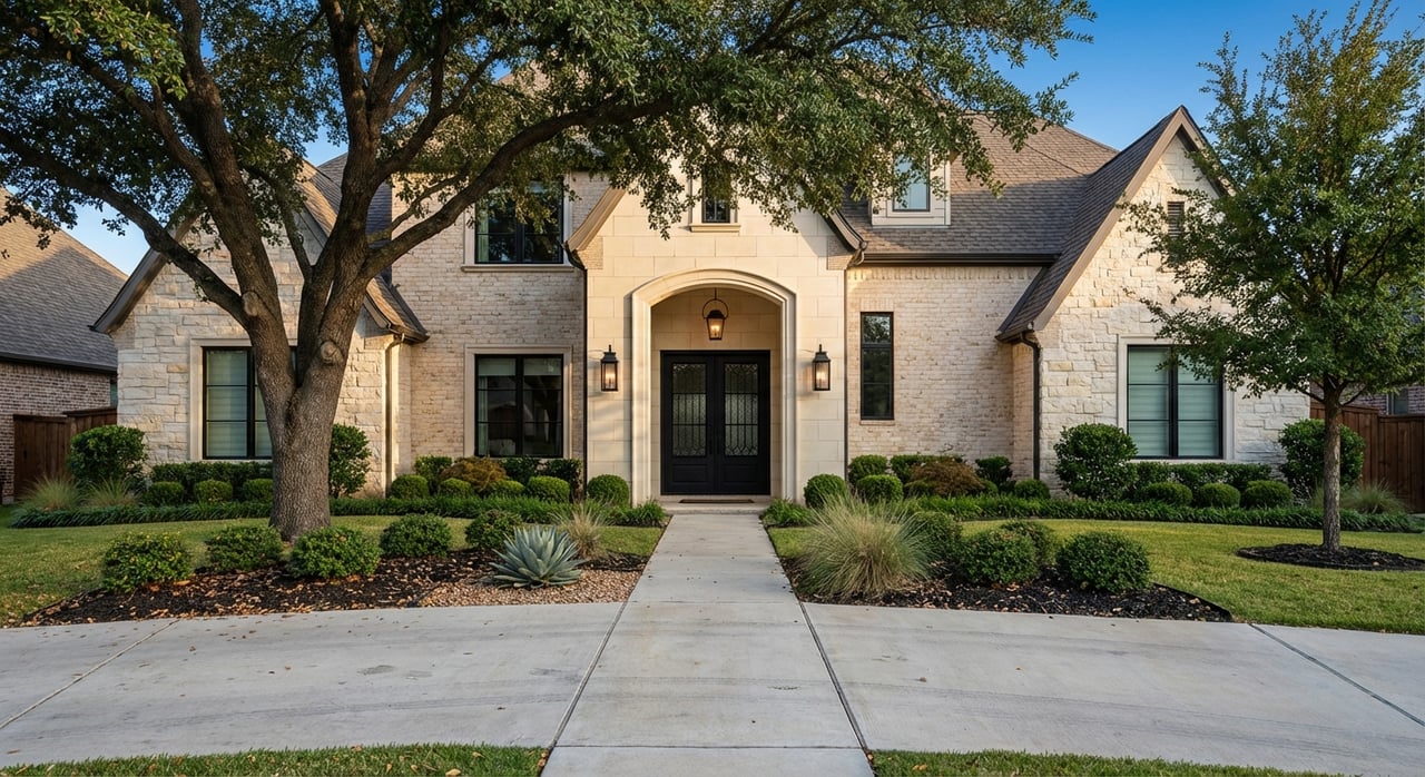 Limestone-and-brick home with an arched entry, black metal accents, and manicured drought-tolerant landscaping.