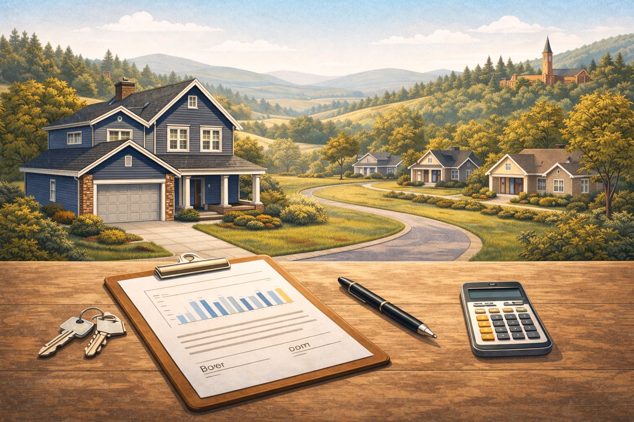 Palouse style illustration of a home valuation consultation scene in Pullman and Moscow showing a house and pricing review with no text.
