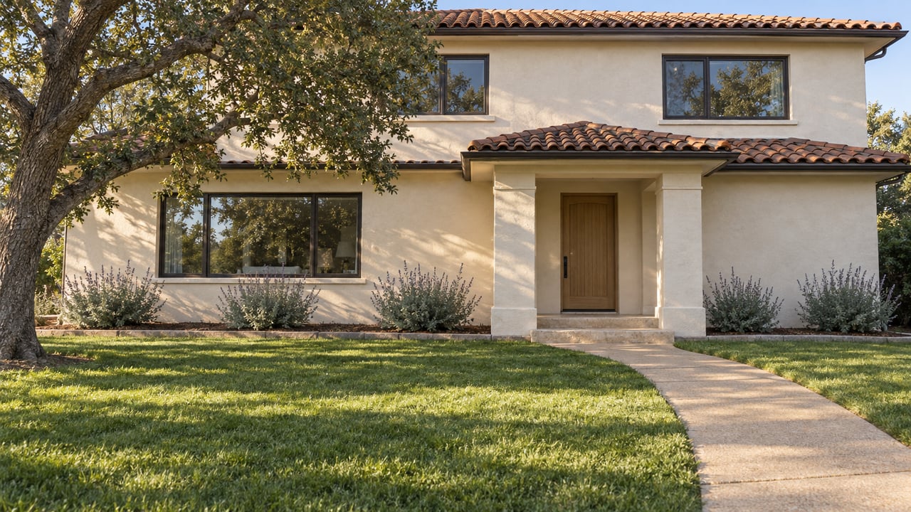 Cream stucco home with terracotta roof, broad lawn, curved concrete approach and a mature oak in afternoon light.