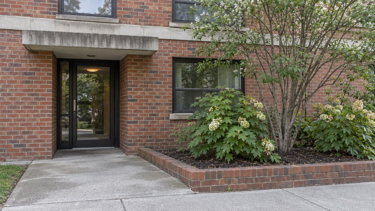 Red-brick apartment entrance with a recessed glass door, concrete walkway, and raised planting bed with shrubs.
