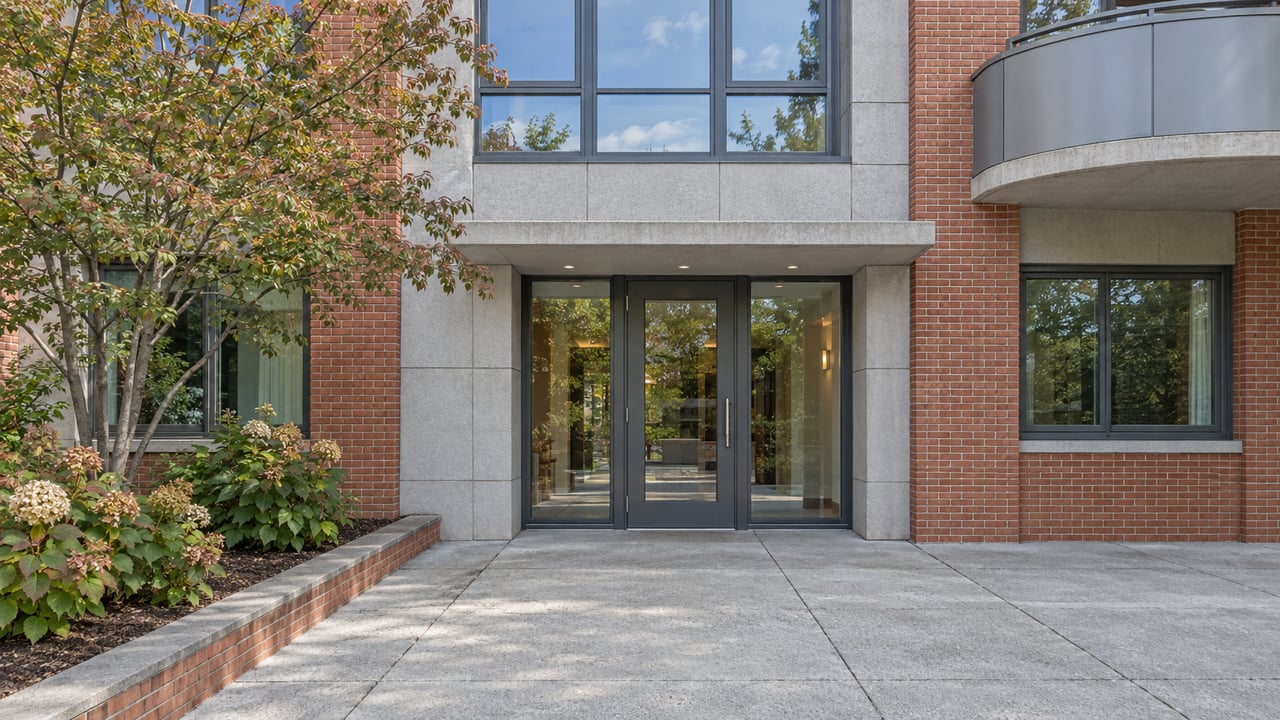 Red-brick condominium entrance with closed glass doors, gray panels and a planted bed beside a concrete approach.
