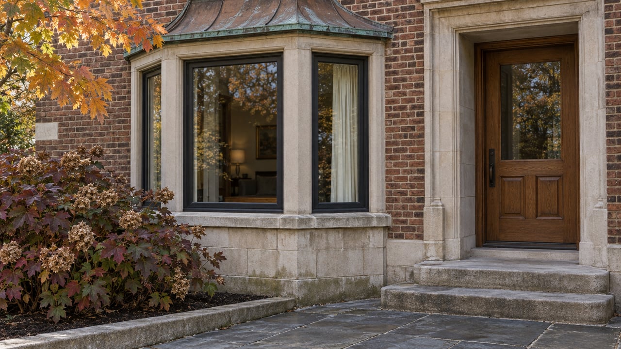An enclosed bay window and recessed oak entry in a russet brick home, with weathered limestone steps and autumn oakleaf hydrangea.