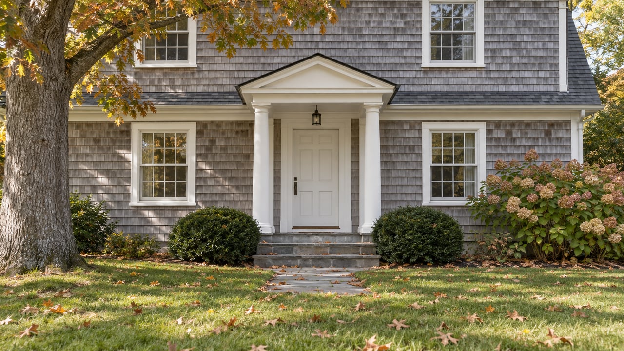 Shingled estate house with a white columned portico, bluestone path, and russet oak canopy