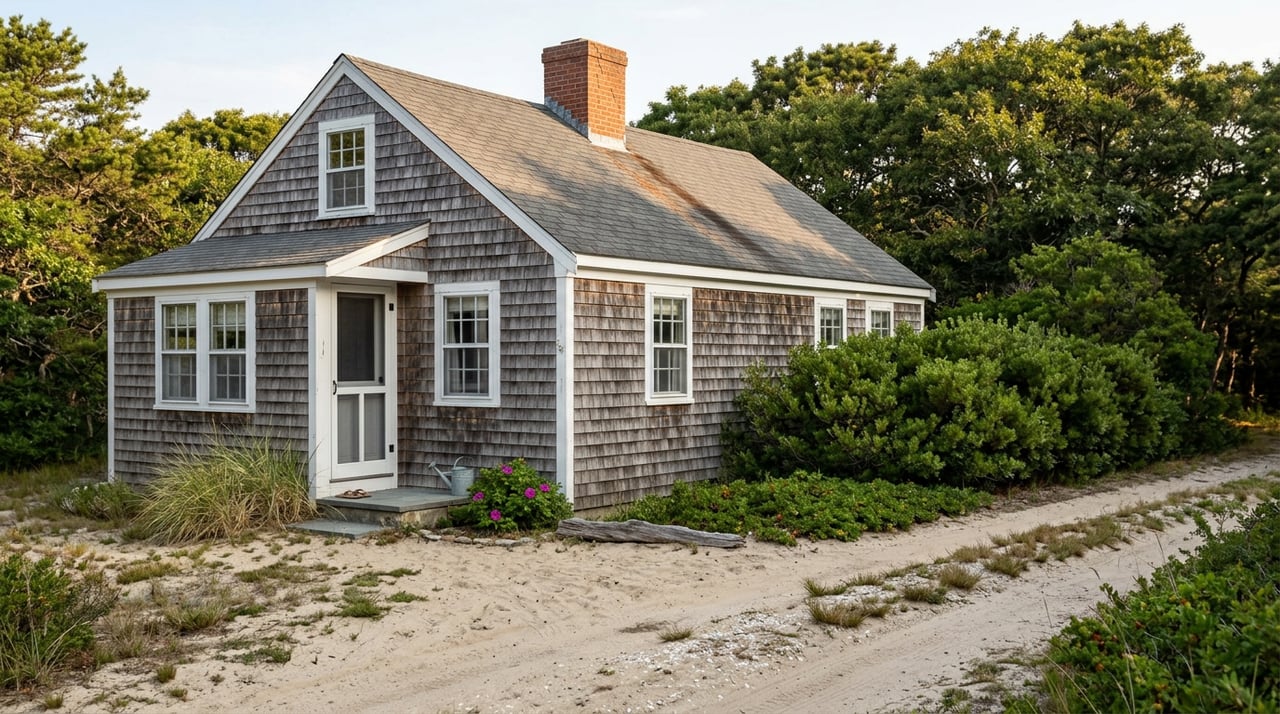 Weathered cedar-shingle cottage beside a sandy two-track drive, with bayberry shrubs and a brick chimney.