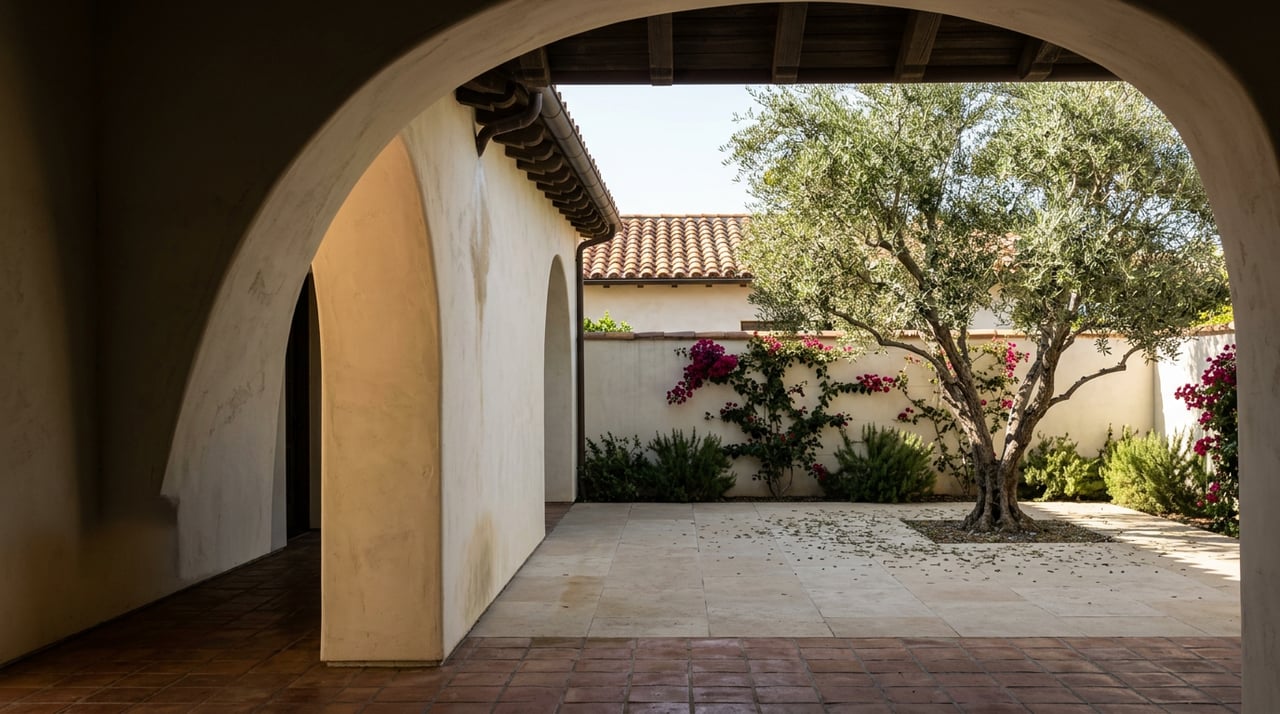 Sunlit courtyard with a gnarled olive tree, magenta bougainvillea, and terracotta-capped stucco walls, seen through an arch.