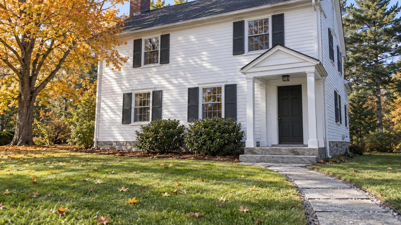White clapboard house with dark shutters, a granite front walk, broad lawn, and autumn sugar maple beside a wooded lot.