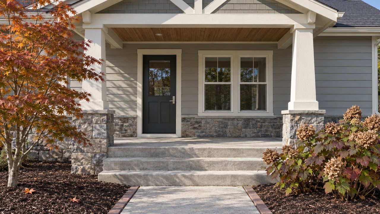 A light-gray bungalow entry with ivory porch columns, weathered stone base, concrete steps, and autumn maple and oakleaf hydrangea planting.