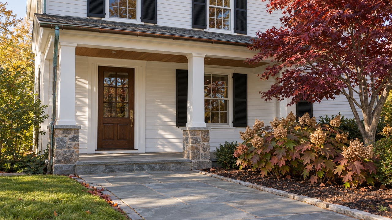 White clapboard home entry with black shutters, a bluestone walk and a burgundy Japanese maple in autumn light.