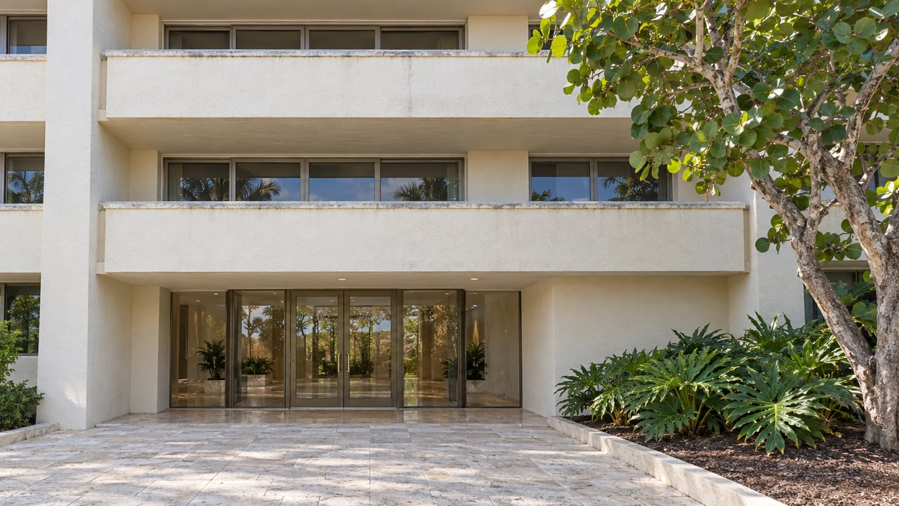 Cream condominium facade with stacked concrete balconies, bronze-framed glass entrance doors and a limestone approach beside sea grape foliage.