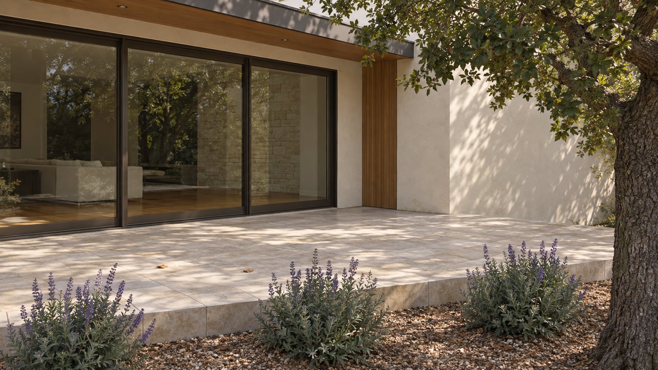 House’s rear elevation with bronze-framed sliding glass doors, limestone patio, and an oak tree beside spaced sage plants.