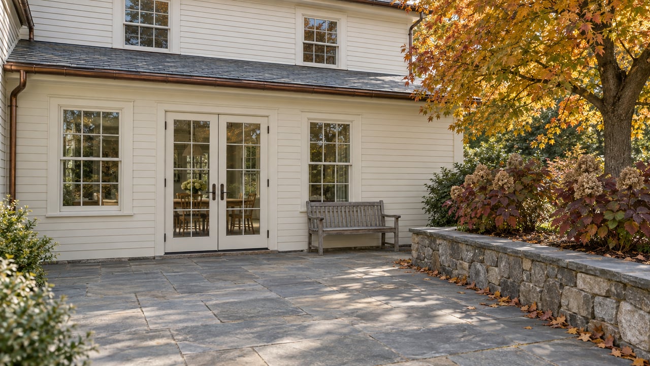 Ivory clapboard home with paired glazed terrace doors, sash windows, bluestone paving and an amber-leaved maple beside a low fieldstone wall.