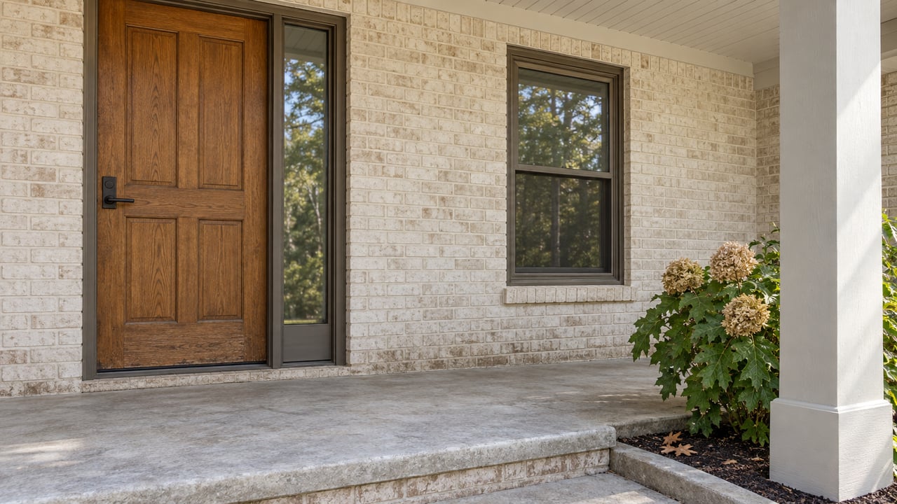 Covered entry of a painted-brick home with an oak door, bronze-framed window, worn concrete steps and an oakleaf hydrangea.