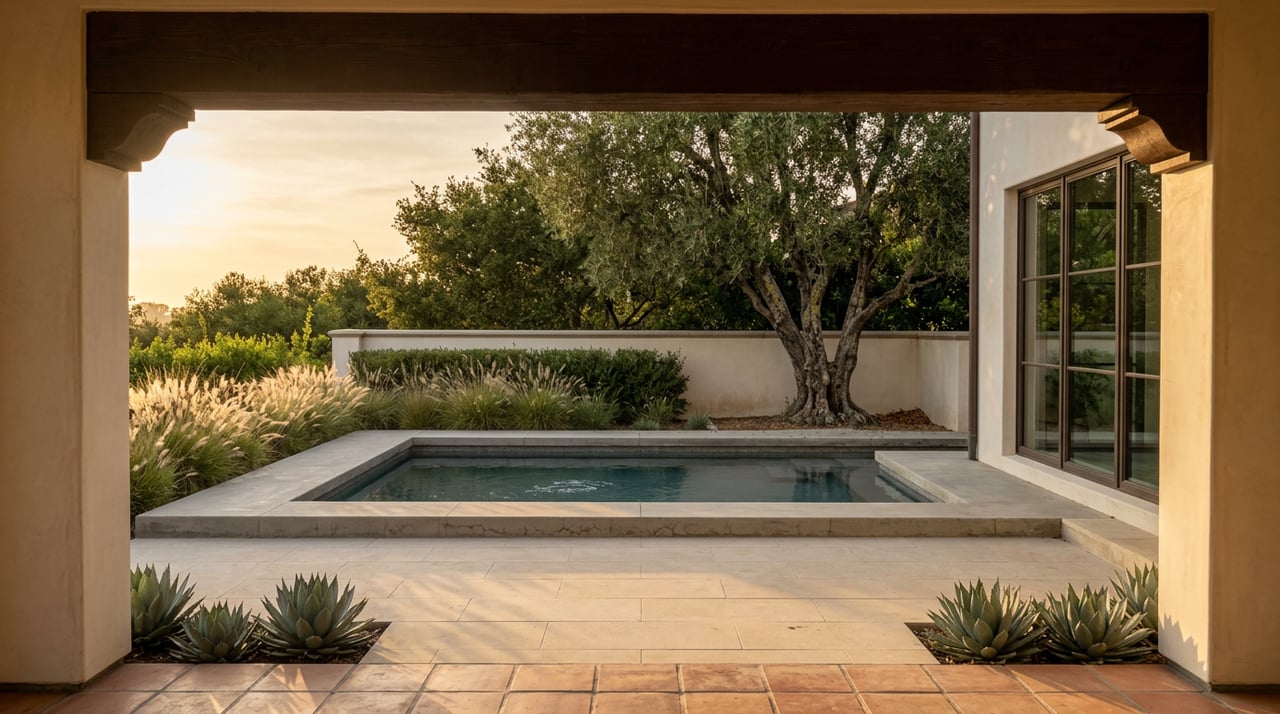 Stone terrace and teal pool beneath a stucco archway, with olive tree, agaves, and long shadows.