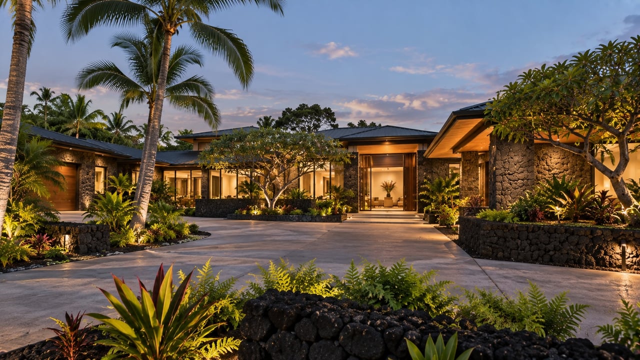 Modern Hawaiian-style home with lava-stone walls, tropical landscaping, and an illuminated entry at dusk.