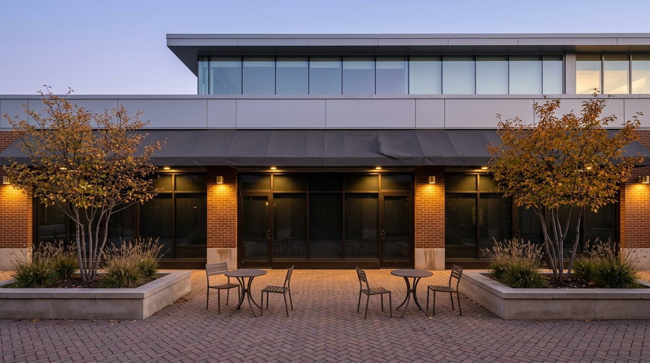 Mixed-use facade with warmly lit arcade, café tables, and planters on a paved plaza.