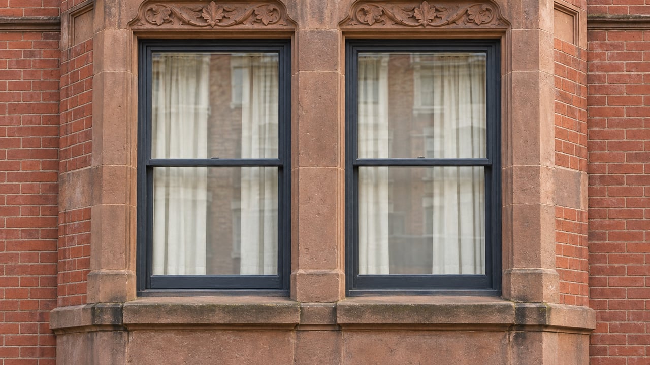 Paired charcoal sash windows framed by carved brown sandstone and rust-red brick, photographed in soft afternoon light.