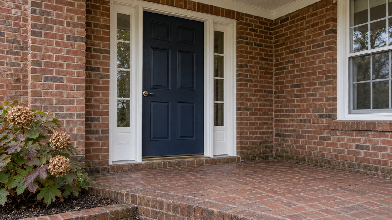 Navy front door with paired glass sidelights in a red-brick facade, above a brick stoop beside an oakleaf hydrangea.