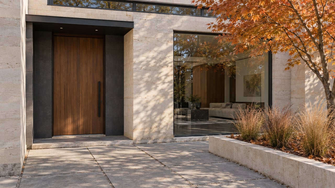 Autumn sunlight crosses a limestone home's walnut entry and glazed living-room window beside a raised courtyard bed with a copper-leaved maple.
