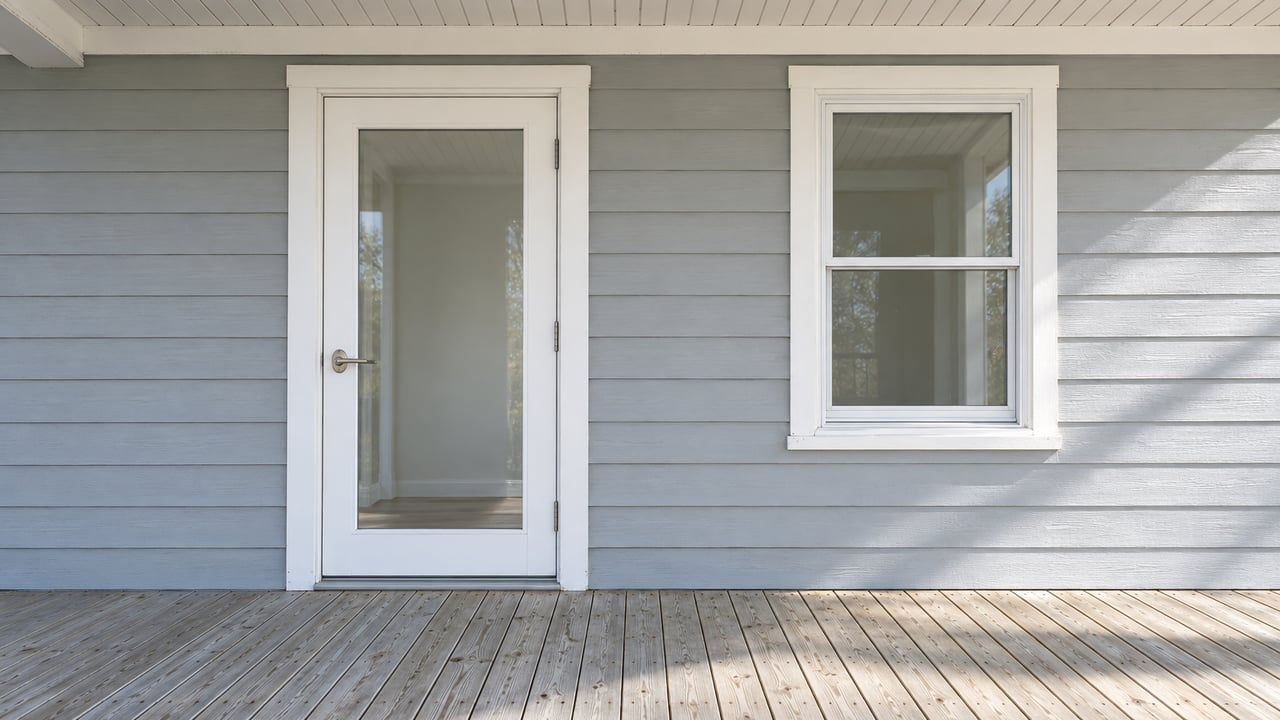 Pale lap siding, a glazed entrance door and a white-trimmed window above weathered wood flooring on a covered raised porch.