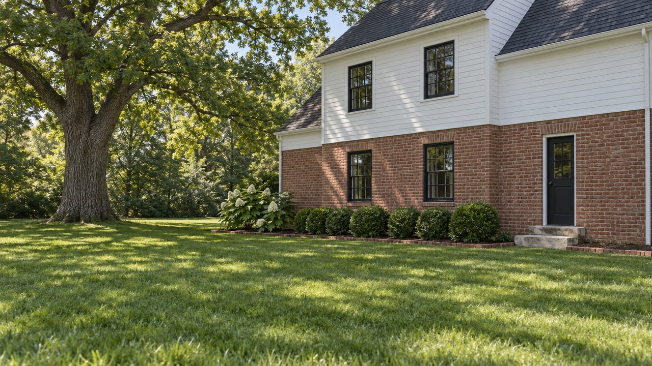 Traditional brick-and-clapboard house beside a broad lawn, shaded by a mature oak tree.