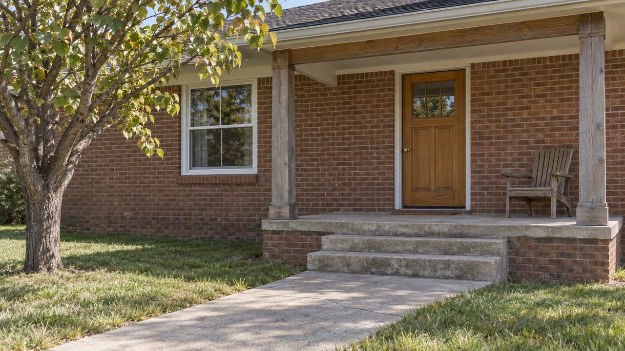 A modest red-brown brick home with a weathered timber porch, concrete steps, a wood front door and a redbud beside a broad lawn.