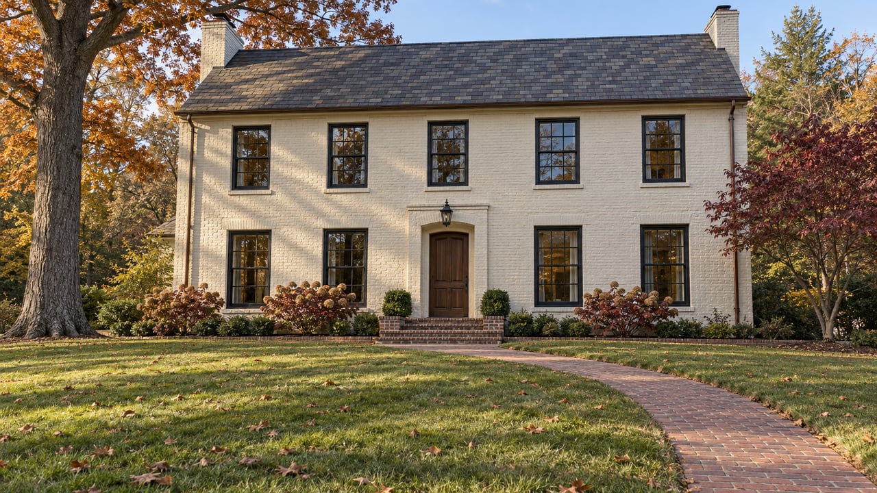 Ivory painted-brick home beyond an autumn lawn, with dark divided-light windows, a brick approach and a mature oak.