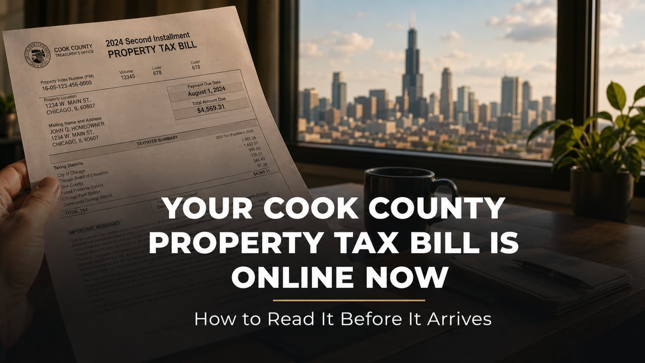 Cook County Illinois property tax bill document with Chicago skyline in background 