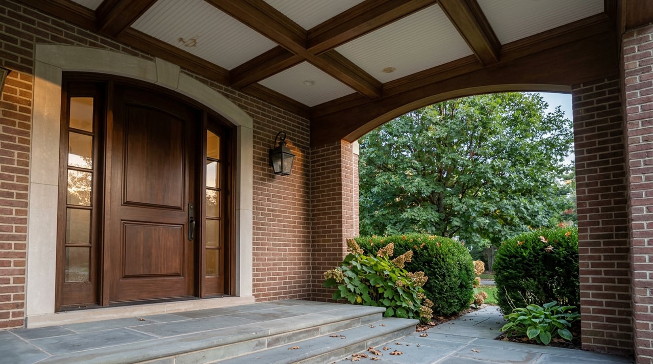 Arched walnut door in a brick-and-limestone portico, with a coffered ceiling and oak canopy beyond.