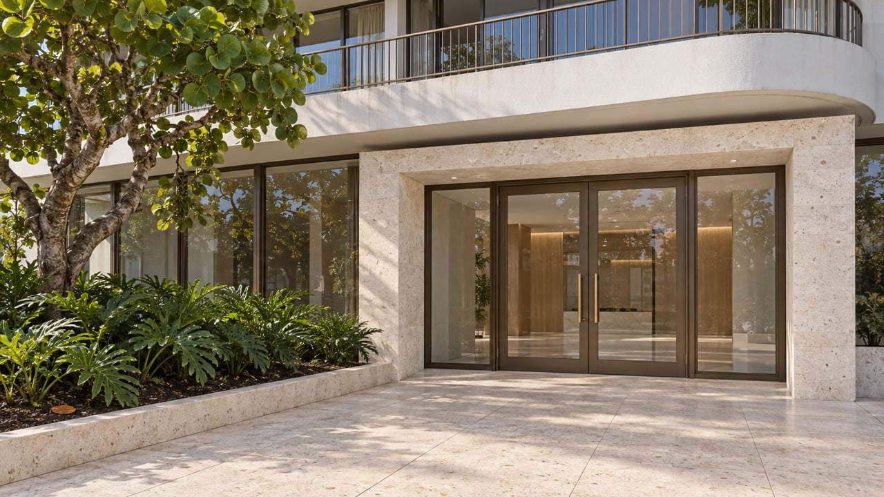 Contemporary condominium entrance with pale limestone paving, bronze-framed glass doors, curved white balconies and a sea-grape tree.