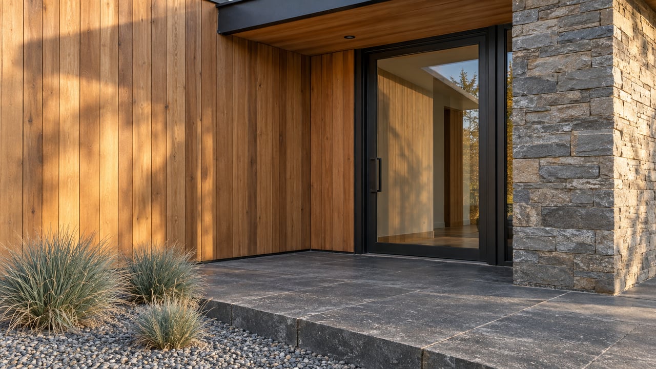 Close view of a cedar-clad home entrance with a dark-framed glass door, gray stacked stone and basalt paving beside three blue-gray grass tussocks.