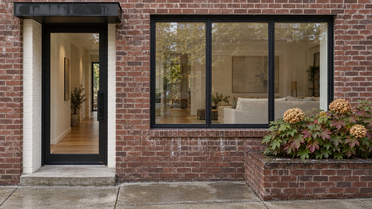 Updated brick residential entrance with black-framed glazing, warm oak floors visible inside, and oakleaf hydrangea beside a rain-darkened sidewalk.