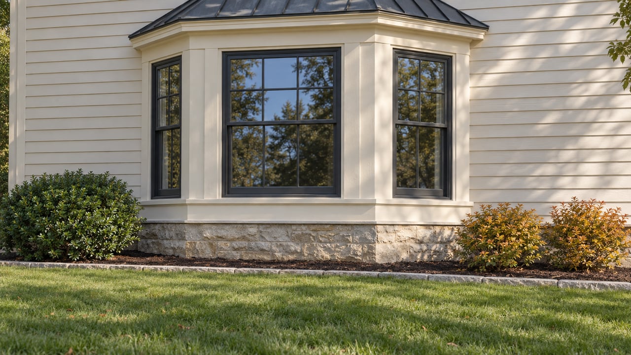 Ivory clapboard house bay with three divided-light windows above a limestone foundation and lawn.