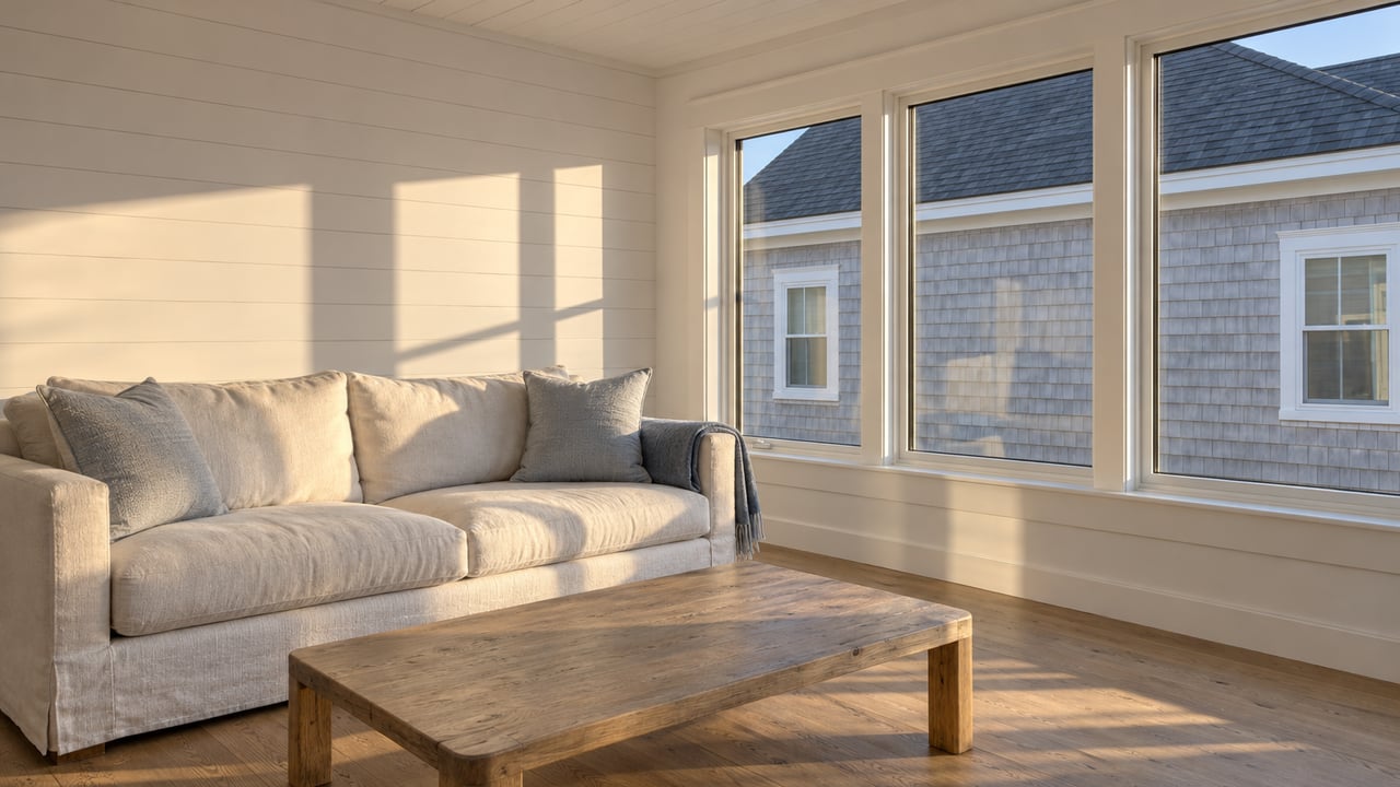 Sunlight crosses an oak floor beside an ivory linen sofa and oversized windows overlooking a neighboring pale-gray shingle home.