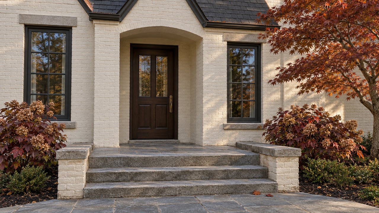 Ivory painted-brick home entrance with an oak door, paired windows, gray stone steps, and russet autumn foliage.